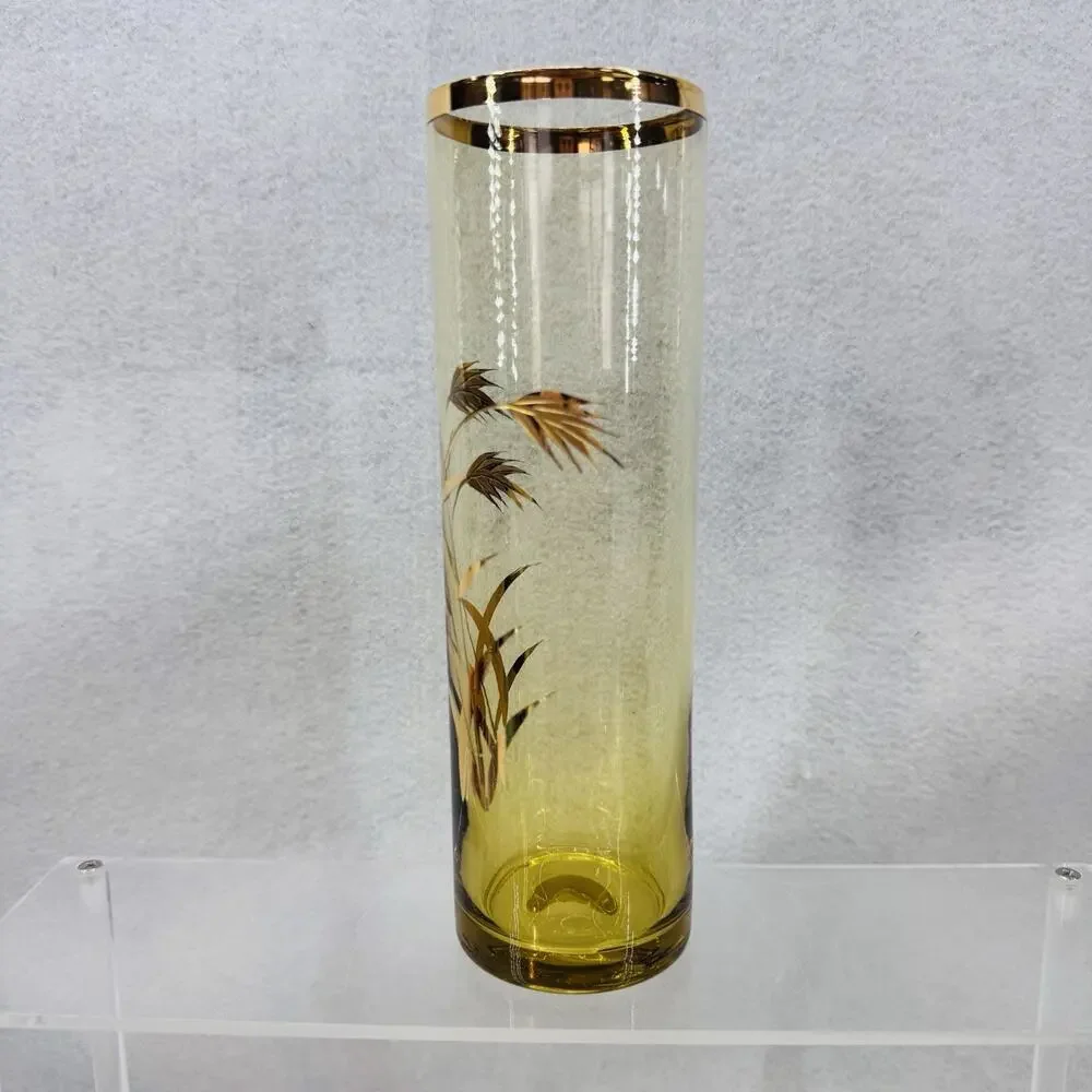 EUC Vintage MCM Golden Wheat Harvest Glass Vase 8” Tall Gold Rim